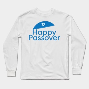 Blue Happy Passover Greeting with Kippah and Star of David Long Sleeve T-Shirt